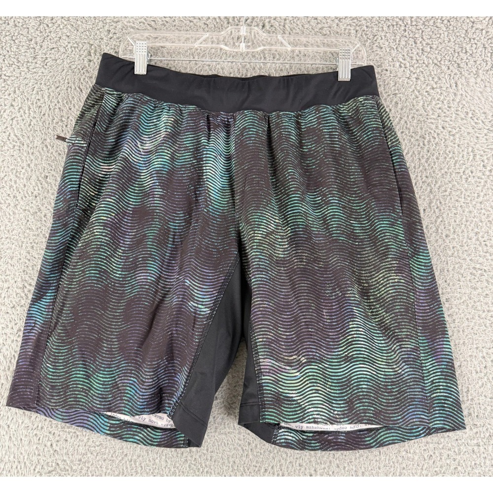 Lululemon Surge‎ Lined Shorts Mens Large Black Teal Ripple 9" Athletic Lined